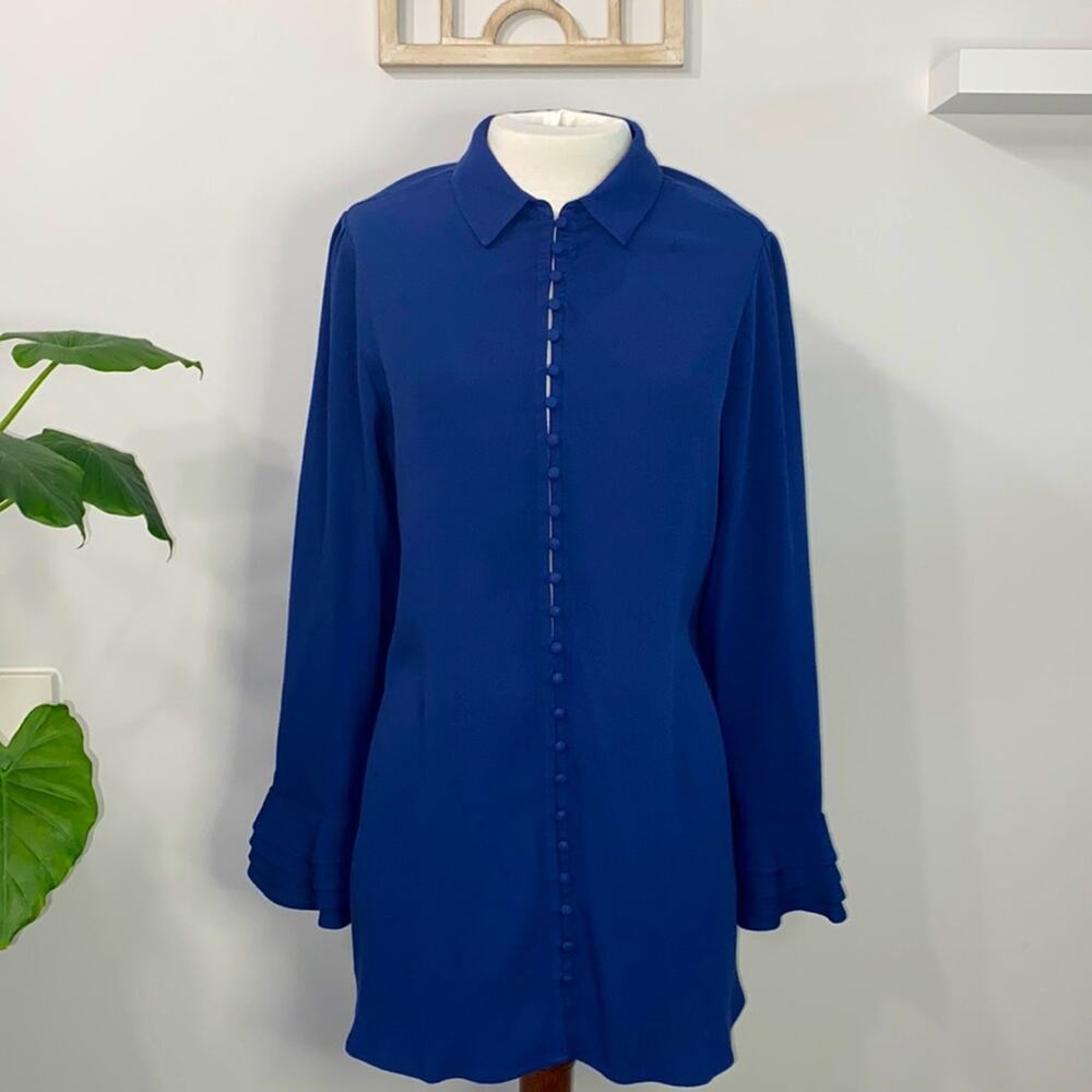 Soft Surroundings Small Cobalt Blue Button Ruffle tapered bell Sleeve Blouse